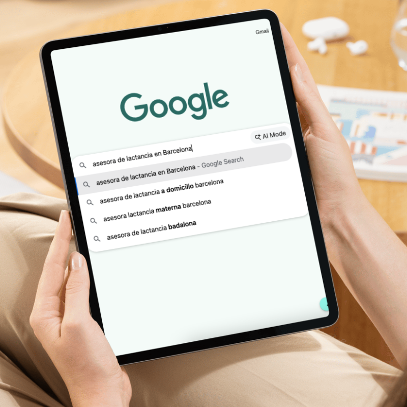 Ejemplos de búsquedas reales en Google como psicólogo ansiedad ciudad, asesora de lactancia o mi bebé no duerme, que muestran cómo piensan los clientes cuando tu ficha de Google no aparece